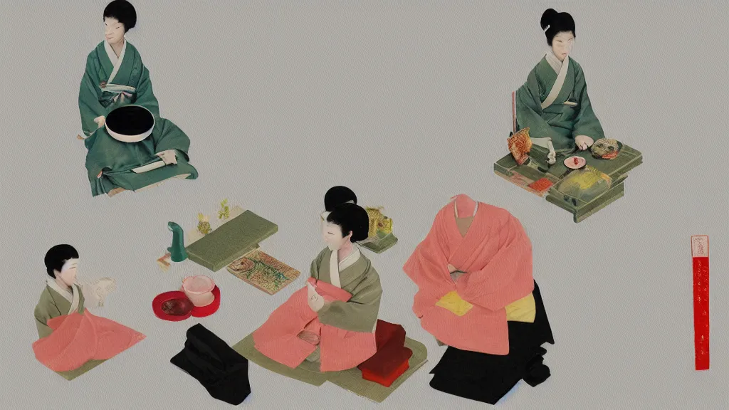 Image similar to a small tea ceremony, japan, a collage painting, in the style of wes anderson, lola dupre, david hockney, isolated on negative white space background dark monochrome neon spraypaint accents volumetric octane render