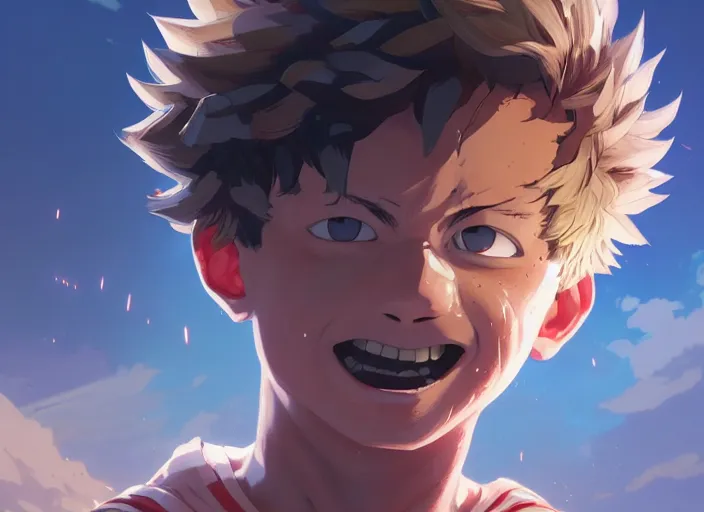 Image similar to highly detailed portrait of a boy with thunder powers, in my hero academia, stephen bliss, 8 k, unreal engine, fantasy art by greg rutkowski, loish, rhads, ferdinand knab, makoto shinkai and lois van baarle, ilya kuvshinov, rossdraws, tom bagshaw, global illumination, radiant light, detailed and intricate environment