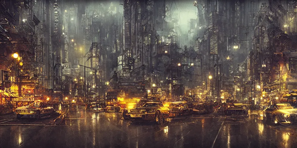 Image similar to ”a diesel punk city vista, dusk, raining, city lights, reflections, glares, perspective sky, HD, 8k, cinematic, ornate, dramatic, in the style of Katsuhiro Otomo, Ian mcque”