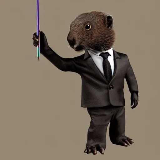 Image similar to a cute anthro brown marmot in a black business tuxedo while holding a pencil, digital art, trending on art station, character design, 3 d artistic render, octane, blender, cartoon, shadows, lighting