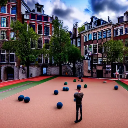 Prompt: playing petanque next to prinsengracht, intricate detail, beautiful aesthetic, photorealistic, cinematic composition, volumetric lighting 8 k
