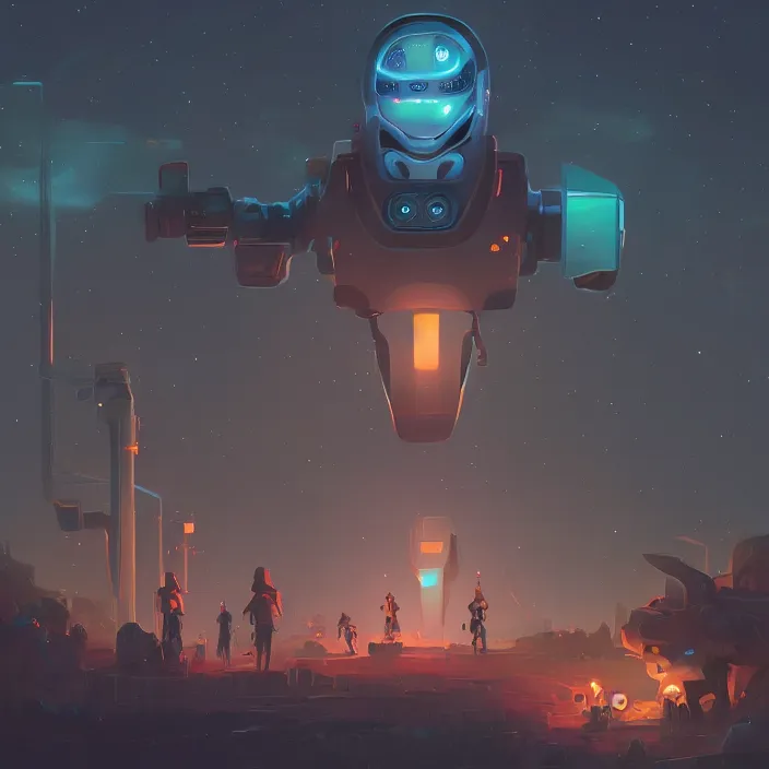 Prompt: ai robot playing at night woods, trending on artstation, 50mm, by Noah Bradley