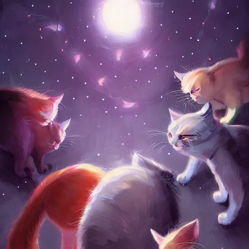 Image similar to meeting of the cats, nighttime, artwork by ross tran