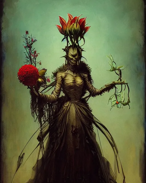 Prompt: android holding a flower, deathpunk, nekro borja, rembrandt, gerald brom, james jean, darren bartley, moebius