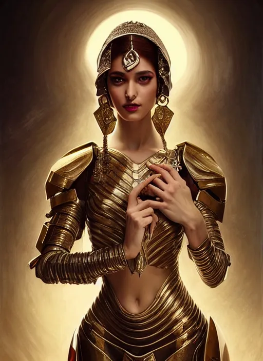 Prompt: glamorous arab portrait, seductive eyes and face, elegant, lascivious pose, very detailed face, studio lighting, photorealism, wearing Forerunner armor from Halo portrait by Magali Villeneuve and Steve Argyle,Livia Prima,Mucha,dress,fantasy art,beautiful,artstation,trending on artstation,intricate details,alluring,masterpiece