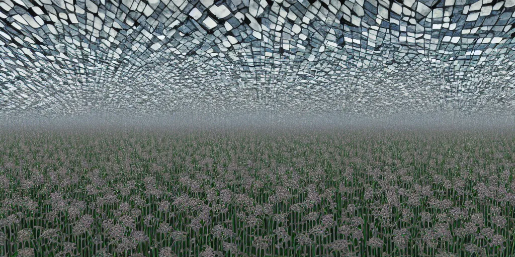 Prompt: a recursive cathedral made of glass and mirrors and chrome, within a wildflower meadow at dawn, infinite regress, droste effect, in the style of yoshitaka amano, hyperrealist, octane render, c4d