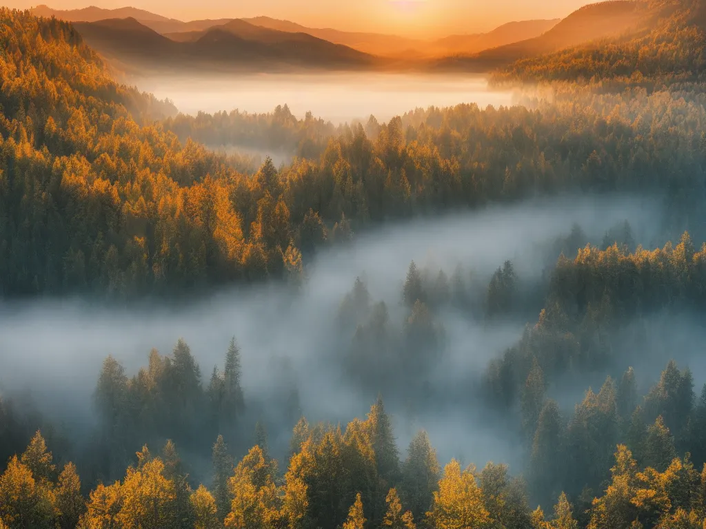 Prompt: landscape photography of foggy morning over a mountain lake, golden hour, hyper realistic,