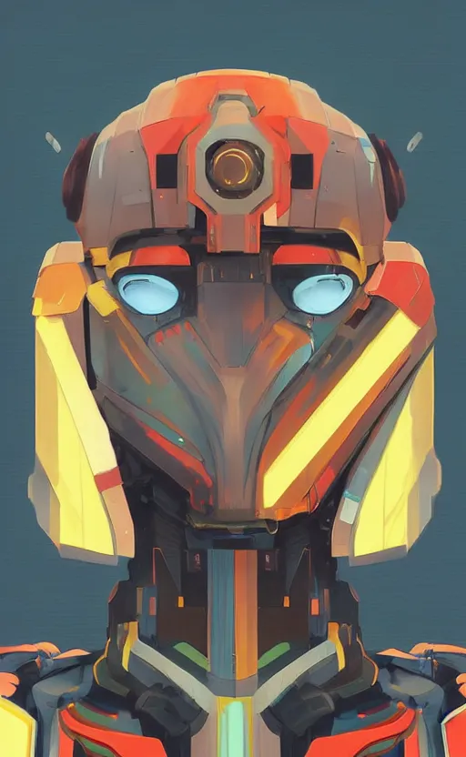 Image similar to upper half portrait of colourful army mecha robot, art by hsiao - ron cheng, highly detailed, digital painting, concept art, illustration, smooth sharp focus, intricate, symmetry, artstation,