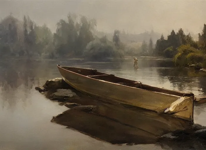 Prompt: oil painting of calm river with wooden boat, stone bridge, art by anders zorn, wonderful masterpiece by greg rutkowski, beautiful cinematic light, american romanticism by greg manchess, creation by tyler edlin