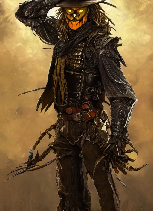 Prompt: powerful male scarecrow, willem dafoe as scarecrow, full body character concept, covered in full leather armor, art nouveau, super powers, fantasy, intricate, elegant, highly detailed, digital painting, artstation, concept art, shining, sharp focus, illustration, art by stanley lau