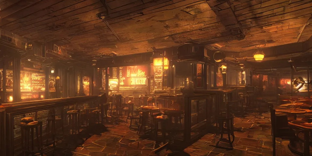 Image similar to In the world of rapture from the world of bioshock you are in a bar, there is a window that lets you see the whole city underwater and you are drinking a rum and coke