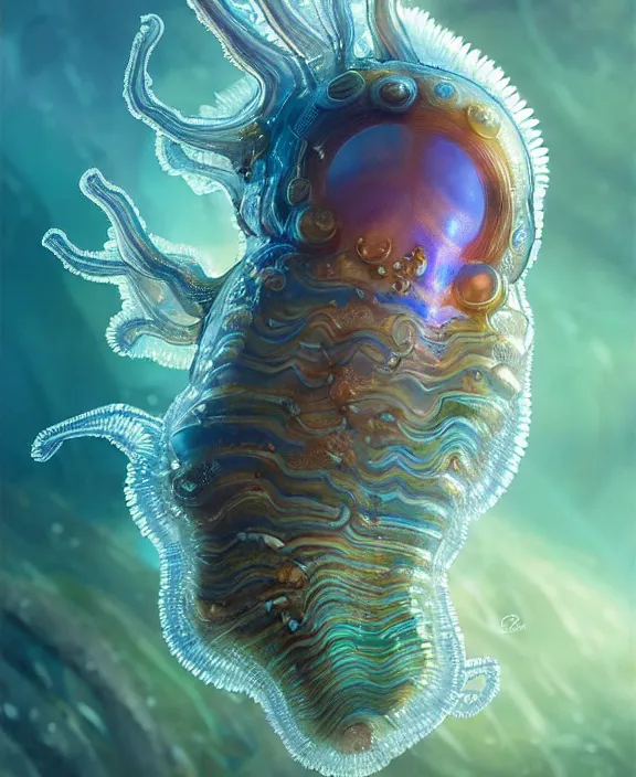 Image similar to intricate transparent clear see - through portrait of a terrifying beautiful alien sea slug, mottled coloring, adorable, childlike, pastoral environment, ultra realistic, concept art, art nouveau, photorealistic, octane render, 8 k, unreal engine. art by christopher marley and artgerm and greg rutkowski and alphonse mucha