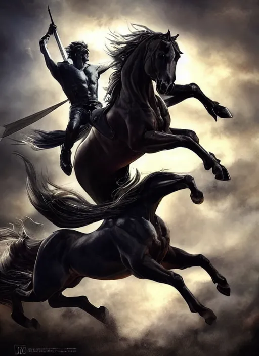 Prompt: the singular horseman of the apocalypse is riding a strong fierce ferocious black stallion, horse is up on its hind legs, the strong male rider is carrying the scales of justice, beautiful artwork by artgerm and rutkowski, breathtaking, beautifully lit, dramatic