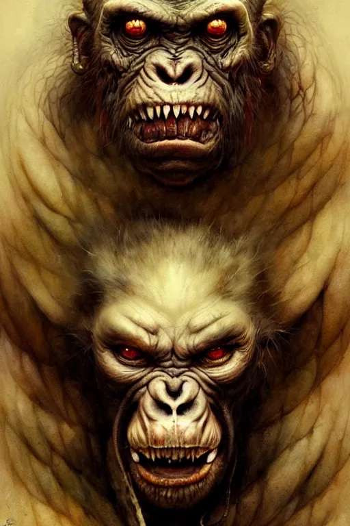 Image similar to ape demon | esoteric symbolism | jean - baptiste monge, esao andrews, bastien lecouffe - deharme, tim jacobus, ken currie | ultra - detailed realism, soft cinematic lighting, hi - fructose, artstation, high - quality, ink watercolors wes anderson poster art