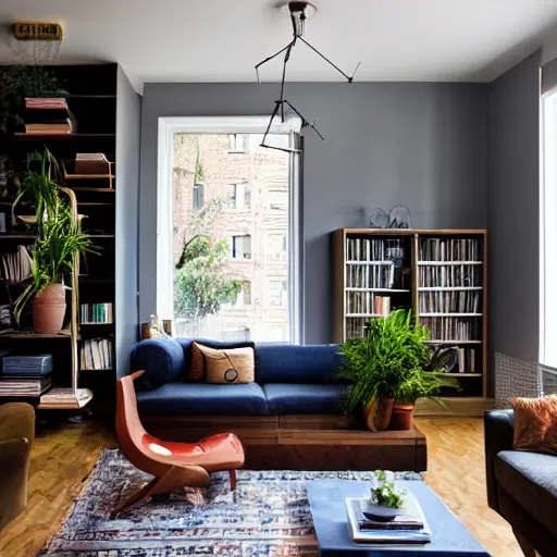 Image similar to no walls large award winning interior design apartment, dusk, cozy and calm, fabrics and textiles, colorful accents, secluded, many light sources, lamps, hardwood floors, book shelf, couch, desk, balcony door, plants, photograph magazine, wide angle