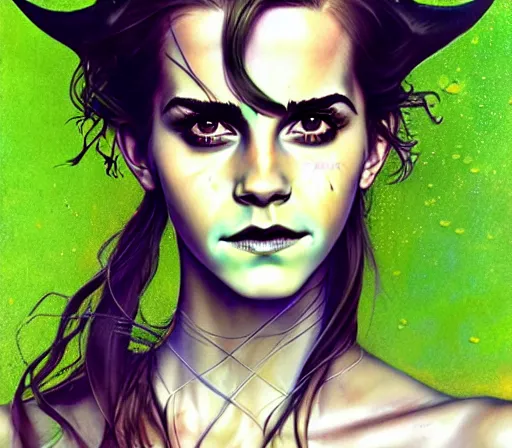 Prompt: a Demon Slayer portrait of Emma Watson , tall, pale-skinned, and slender woman with lime green eyes and long eyelashes by Stanely Artgerm,Tom Bagshaw,arthur adams,Carne Griffiths,trending on DeviantArt,street art,face enhance,chillwave,maximalist,full of color,glittering