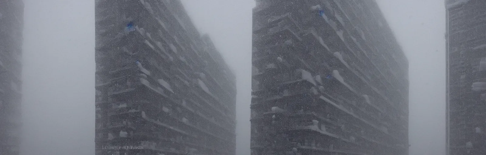 Prompt: snow falling on complex, geometric brutalist high rise buildings designed by lebbeus woods, fragmented architecture, diagonal shapes, complex ramps, balconies, stairways, sharp focus, clear focus, beautiful, award winning architecture, le corbusier, frank lloyd wright, snow, fog, mist, hopeful, quiet, calm, serene