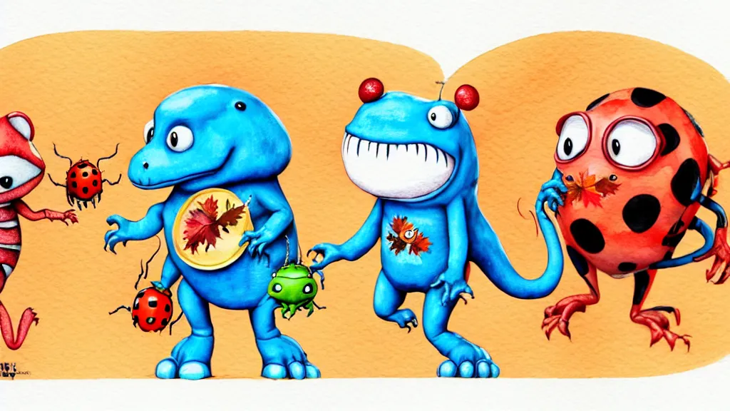 Image similar to cute and funny, t - rex wearing a t - shirt holding hands with a ladybug, autumn, ratfink style by ed roth, centered award winning watercolor pen illustration, isometric illustration by chihiro iwasaki, edited by range murata, tiny details by artgerm and watercolor girl, symmetrically isometrically centered