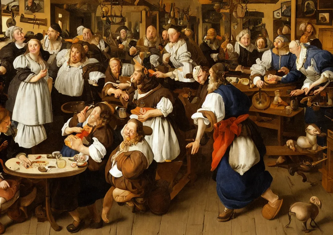 Prompt: Jan Steen. One Beautiful woman big in the center looking at us. Pig, dog, duck, window. Netherlands tavern, low ceiling, small chamber. Hyperrealistic, ultra detailed, 80mm, museum, artwork. Empty. Daylight.