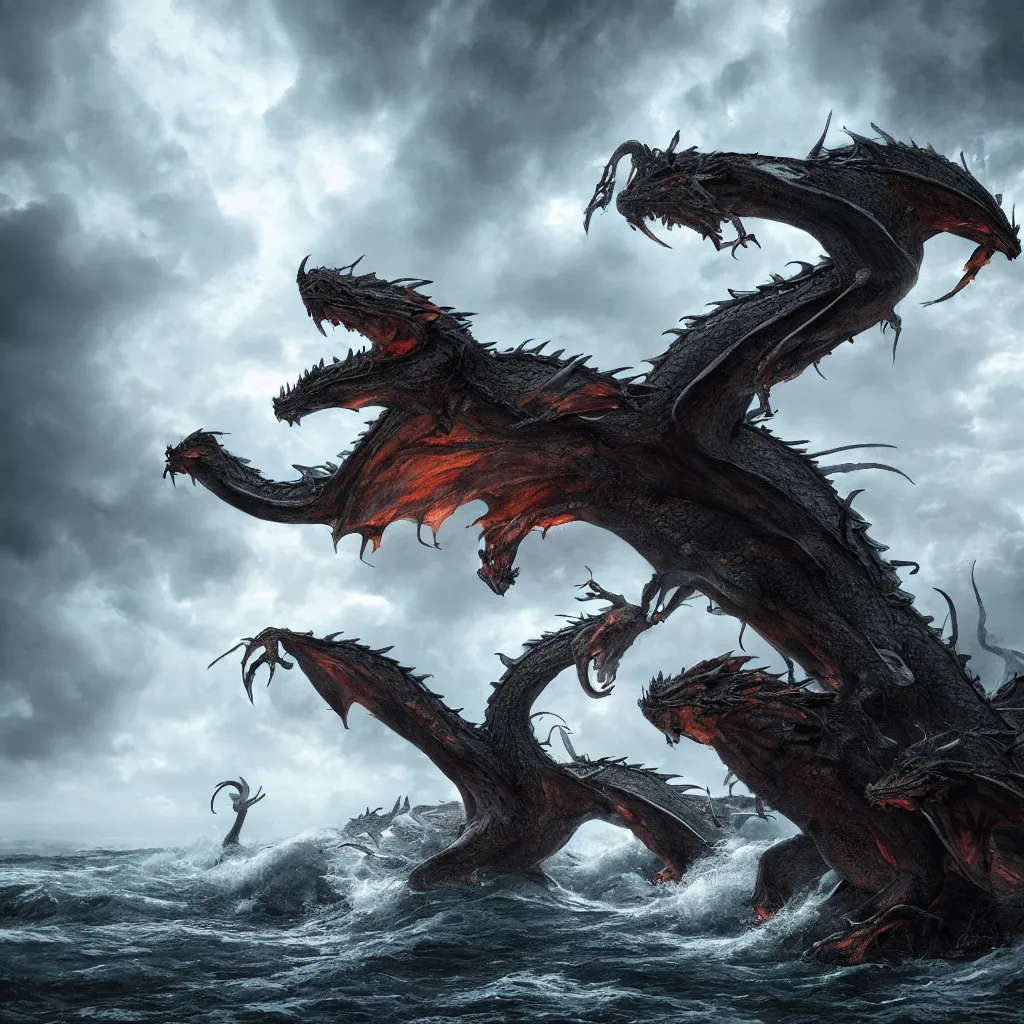 Image similar to a dragon with three heads emerging from the ocean during a storm, dramatic lighting, cinematic, high coherence, hyperrealistic, anatomically correct, path traced, highly detailed, high quality, 8 k hdr, octane render, unreal engine 5, trending on artstation, epic image, turbulent sea, concept art, digital art