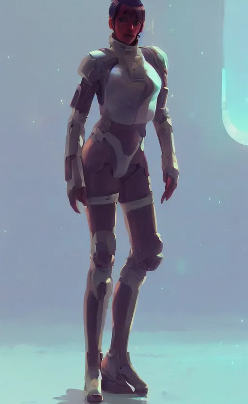 Image similar to sci fi female character, muted colored bodysuit, sci-fi large mech boots that go up to the thigh, thick mechanical leg accessory, soft lighting, wojtek fus, by Makoto Shinkai and Ilya Kuvshinov,