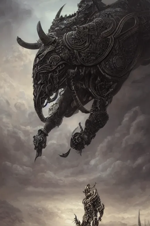 Image similar to ultra realist and ultra intricate detailed soft painting of a gigantic muscled minotaur wearing gothic ornamented armor pieces and claymore, in the jaw of a wyrm, symmetry features, sensual gloomy style, soft painting, volumetric clouds, cyberpunk background, artstation, Boris Vallejo artstyle, unreal render, depth of field