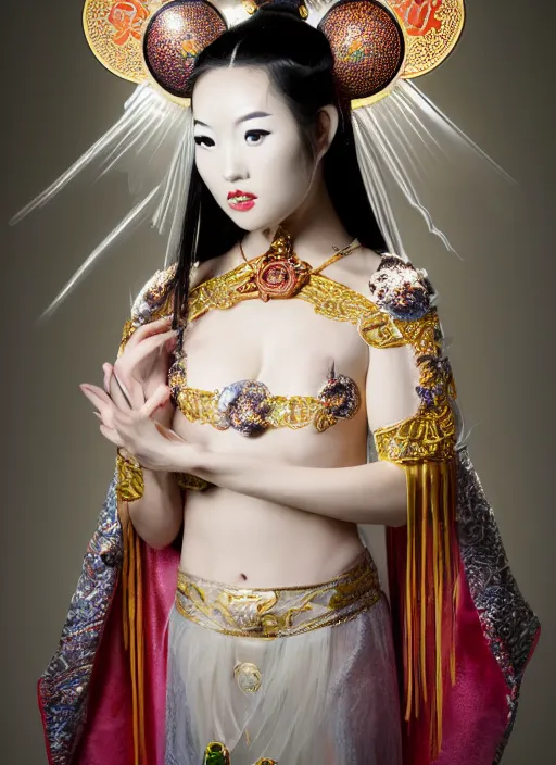 Image similar to photo shoot pose photo of beautiful Chinese ancient princess standing in the corridor in the space ship, symmetrical face, big eyes and lips, looking down, subtle makeup, clean face and body skin,ecstatic expression, ornamental jewelry and ancient translucent clothes, futuristic space ship interrior, wires with lights,depth of field, lens flares, dust in the air, moody lighting, intricate, elegant, highly detailed, centered, smooth, sharp focus, Donato Giancola, Joseph Christian Leyendecker, WLOP, Boris Vallejo, Artgerm moody photography, old photo, black and white, sepia, cinematic lighting, cinematic angle, editorial photography