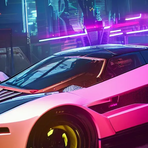 Image similar to Cyberpunk 2077 super car, cinematic lighting, 8k, high resolution, hyper-detailed ,beautiful, hyper realistic