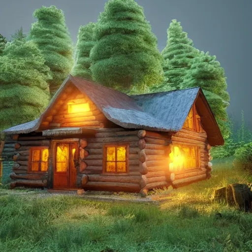 Image similar to concept art of a cabin in the woods, isometric view, detailed, volumetric lighting, unreal engine