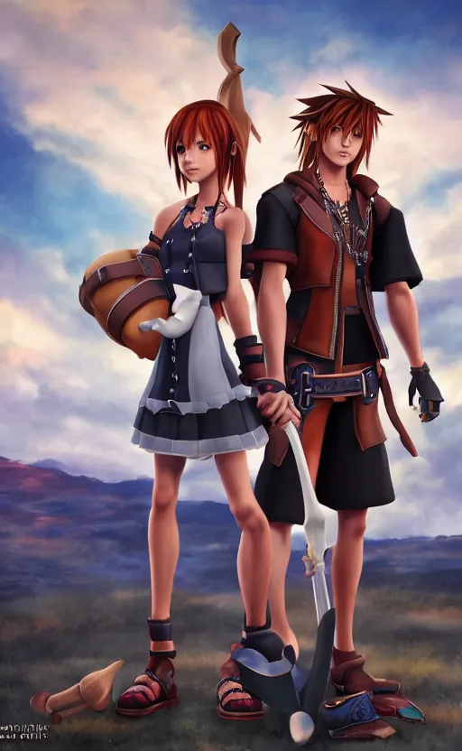 Image similar to Kairi and Sora as American Gothic in the style of Kingdom Hearts concept art, unreal engine, 8k resolution