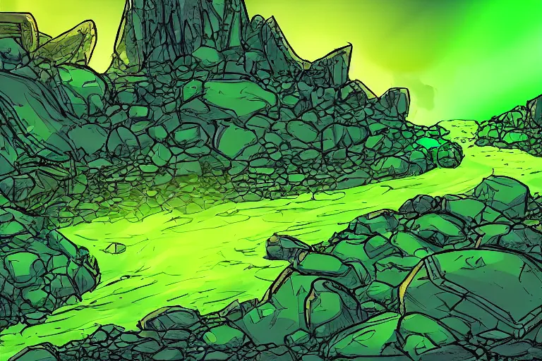 Image similar to glowing green rocks, toxic sludge, like where the hulk would live, landscape, comic book art style, pictures in sequence, storyboarding, speech bubbles, explosions