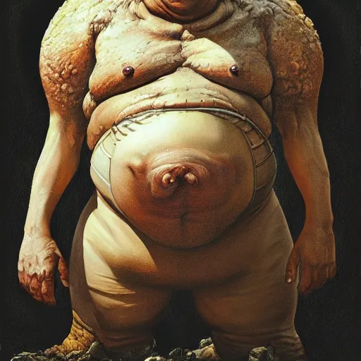 Image similar to photoreal portrait of an armoured bloated man resembling a toad, by boris vallejo and norman rockwell, artstation, horror, concept creature character art