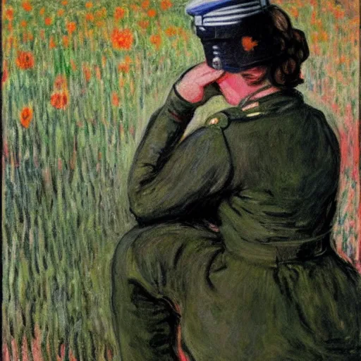 Image similar to a female soldier holding a a staple gun to her own head and looking depressed by monet