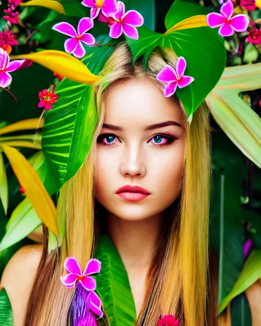 Prompt: an stunning beautiful eastern girl is surrounded by colourful tropical flowers and plants, symmetric face and eyes, upper body face shot, long straight blonde hair, visible face 5 0 mm f 2. 2