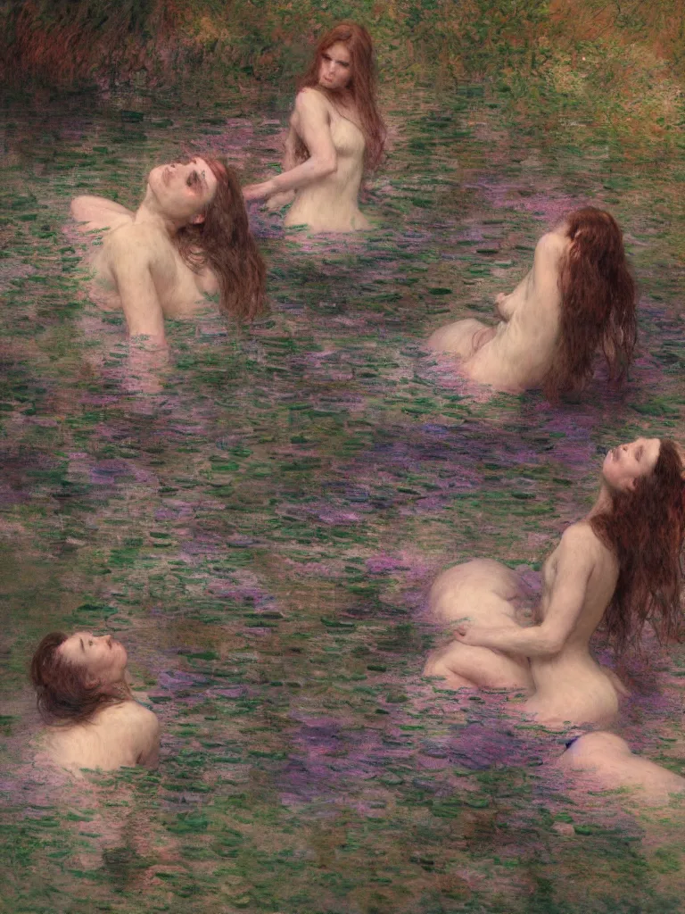 Image similar to illustration studio portrait of three dark beautiful woman bodies mermaids female energy in artistic poses in the river at the forest, monet painterly motives and textures pattern, hyper detailed, octane render, vivid colors, artstation, by jeremy mann, by alphonse mucha, by monet