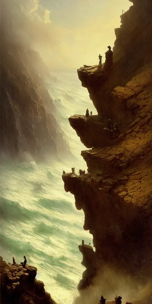 Image similar to a big cliff at the middle of the day in 1 9 4 0, stormy sea, a men stand up at the edge of the precipice, steam punk, mystical yellow fog, oil on canvas, art by andreas achenbach, clemens ascher, tom bagshaw and sabbas apterus,