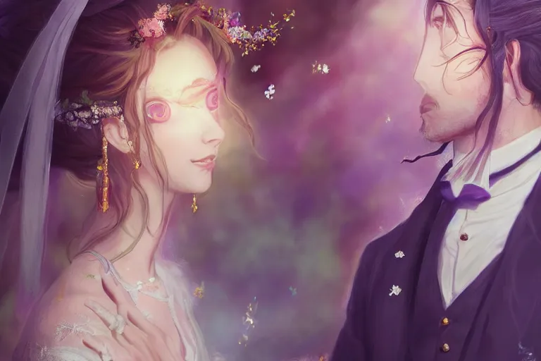 Image similar to a cinematic portrait of wedding photograph jpeg close up moment of a divine a japan sun god and moon goddess lovers magician at a wedding banquet. portraiture. digital painting. artstation. concept art. wedding photo. digital painting. violet evergarden art masterpiece by art by krenz cushart