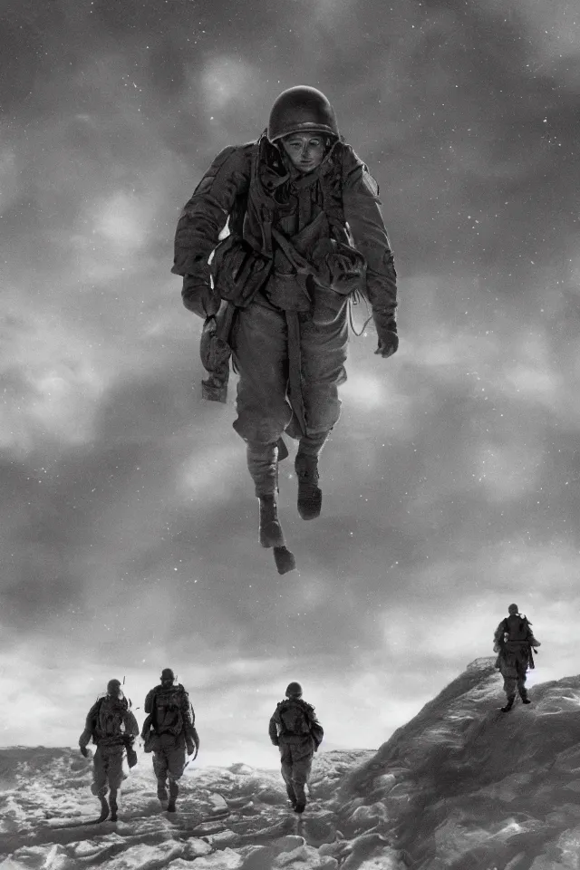 Image similar to a portrait of ww 2 american soldiers entering the star gate to agartha from antarctica, realistic, highly detailed, fantasy, early 2 1 st century film quality, b & w, 4 k