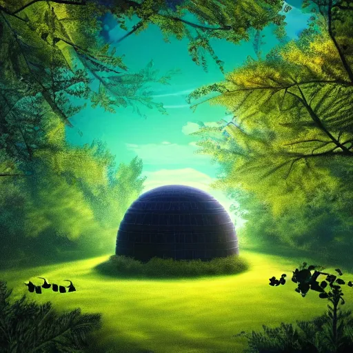 Image similar to round sci-fi building in a forested valley with birds, sense of hope, daytime, bright sky, digital art, art station, extremely detailed