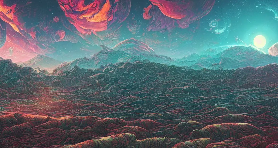 Image similar to a scifi landscape,painting by Dan Mumford,by Tokio Aoyama,trending on artstation,intricate,2d,4k,pastel colors