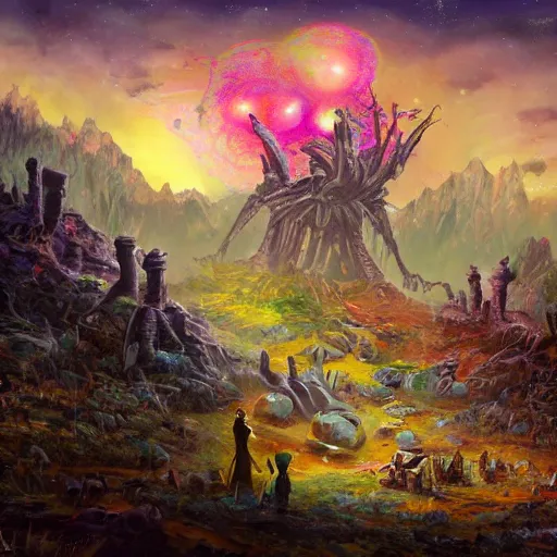 Prompt: extraterrestrial wedding in village on ancient post - apocalyptic planet, jim henson creature shop, vivid and colorful, cinematic, oil painting, highly detailed, illustration