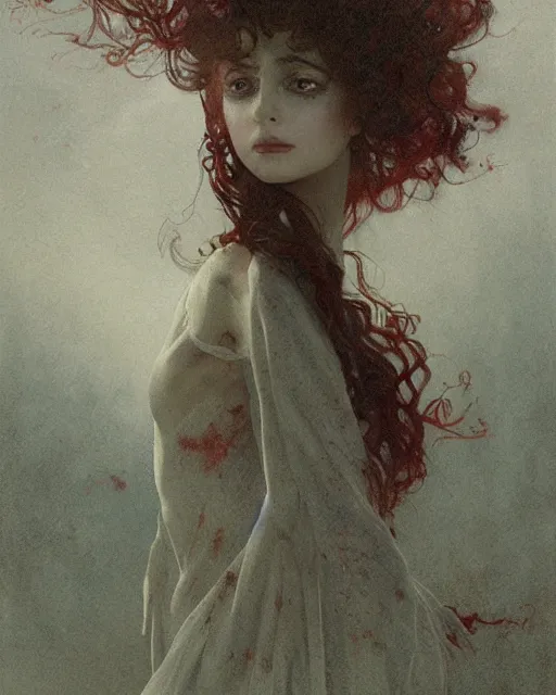 Image similar to a beautiful but sinister girl in layers of fear, with haunted eyes and curly hair, eerie moorlands behind her, 1 9 7 0 s, seventies, delicate embellishments, a little blood, crimson, painterly, offset printing technique, by alexandre cabanel
