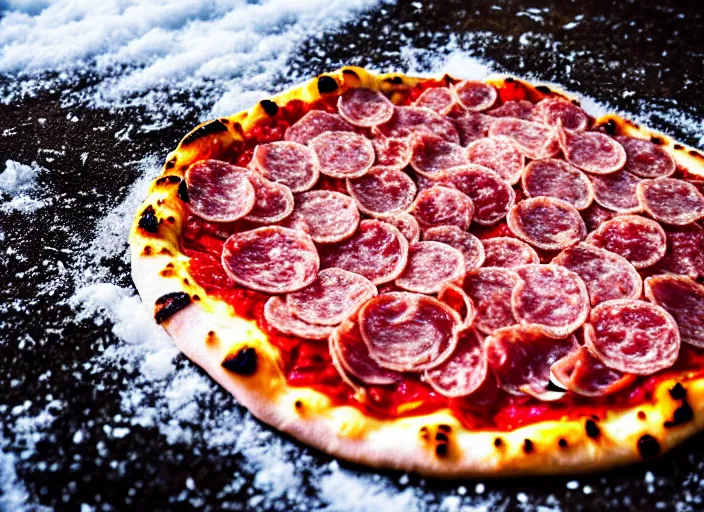 Image similar to clear highly detailed photorealistic food photograph of a wood oven cooked pizza half frozen in ice with salami pepperoni lying in the snow