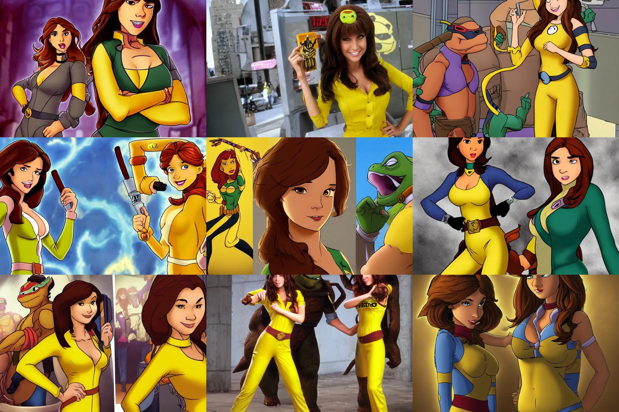 Prompt: beautiful brown hair female reporter in a yellow jumpsuit character april o ’ neil from animated series teenage mutant ninja turtles ( tmnt 1 9 8 7 ), magic : the gathering