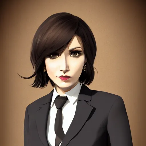 Prompt: woman in black business suit, chill, light brown neat hair, pixiv, fanbox, trending on artstation, portrait, digital art, modern, sleek, highly detailed, formal, serious, determined, blue tie, competent, colorized, smooth, charming, pretty, safe for work