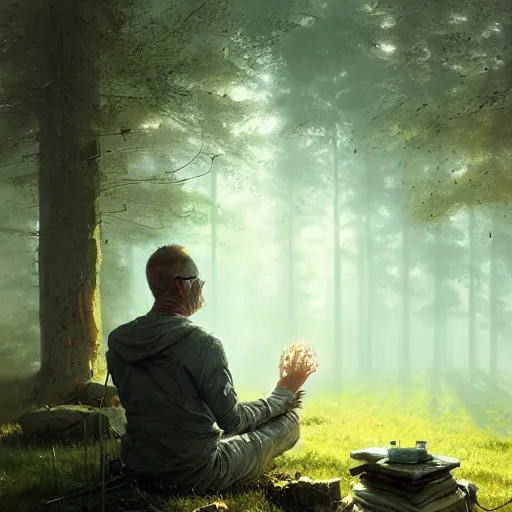 Prompt: patrick meditates, hyperrealism, no blur, 4 k resolution, ultra detailed, style of ron cobb, adolf hiremy - hirschl, ismail inceoglu, rene margitte