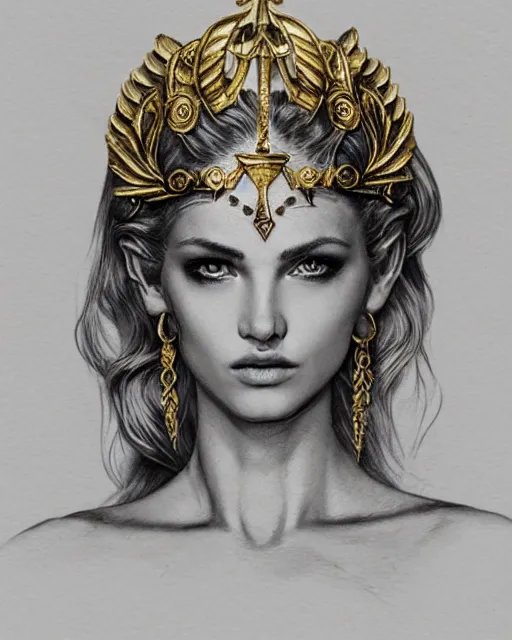 Image similar to tattoo sketch of blonde super model aphrodite greek goddess wearing a gold laurel wreath and triangle earrings, beautiful piercing gaze with sharp pupils, in the style of greg rutkowski, fantasy, amazing detail, epic, elegant, smooth, sharp focus, front view