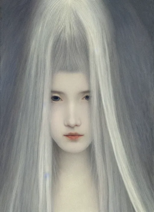 Prompt: thin young beautiful angel with silver hair so long, pale!, wearing silver hair, silver angel wings, wan adorable korean face, silver hair!!, style of fernand khnopff and lucien levy - dhurmer, oil on canvas, 4 k resolution, aesthetic!,