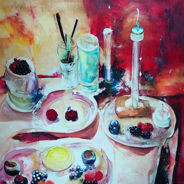 Prompt: “ sensual, neo - expressionism, surrealism, a portrait in a female art student ’ s apartment, pancakes, iced latte, berries, art supplies, a candle dripping white wax, berry juice drips, acrylic and spray paint and oilstick on canvas ”