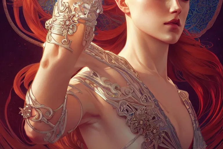 Image similar to symmetry!! intense fanart of gemma as acotar protagonist, intricate, elegant, highly detailed, my rendition, digital painting, artstation, concept art, smooth, sharp focus, illustration, art by artgerm and greg rutkowski and alphonse mucha